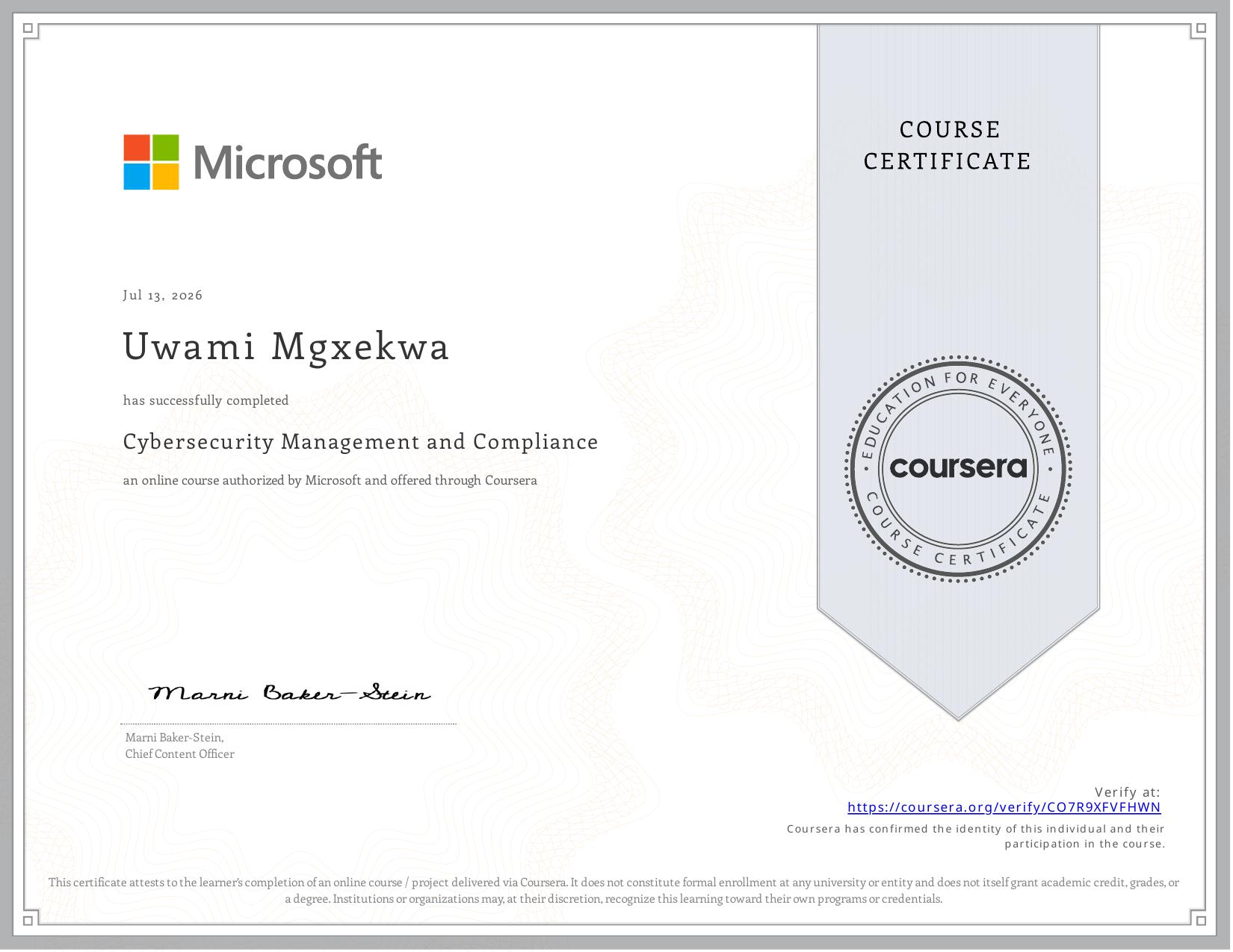 Cybersecurity Management and Compliance Certificate