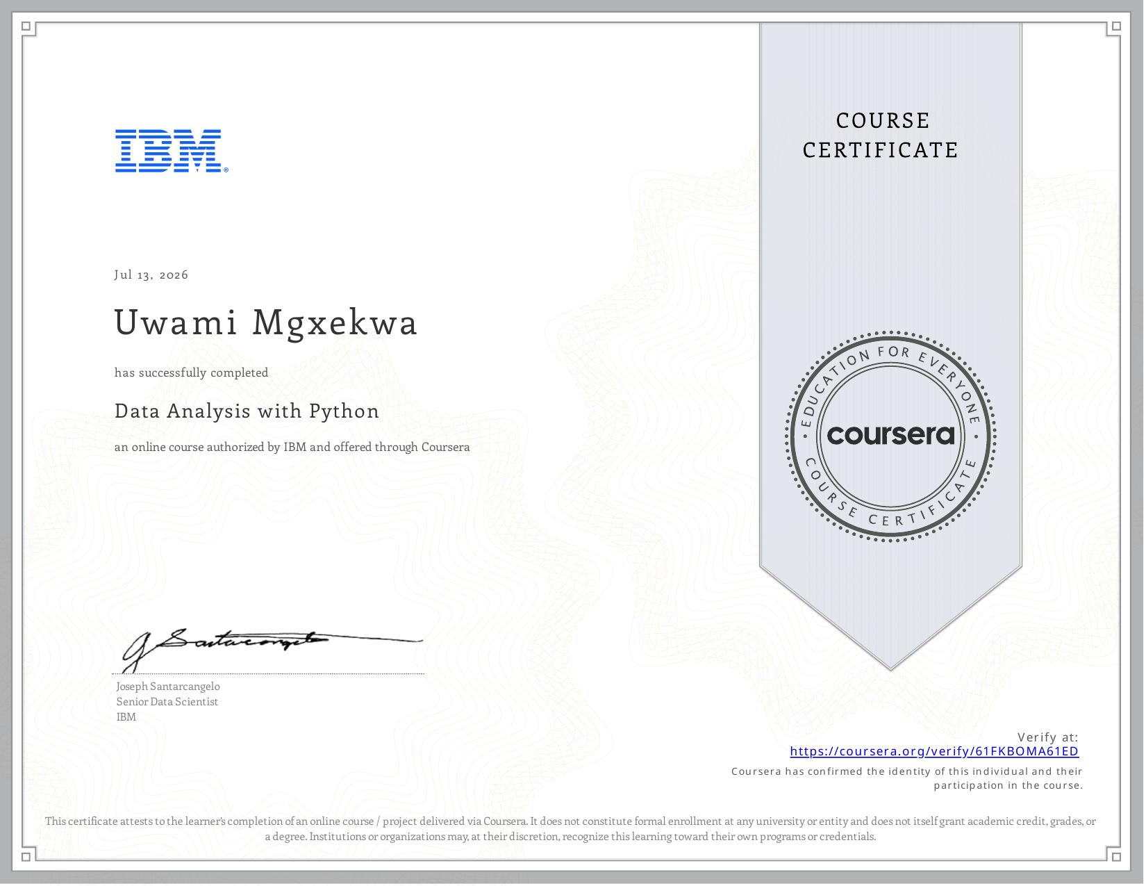 Data Analysis with Python Certificate