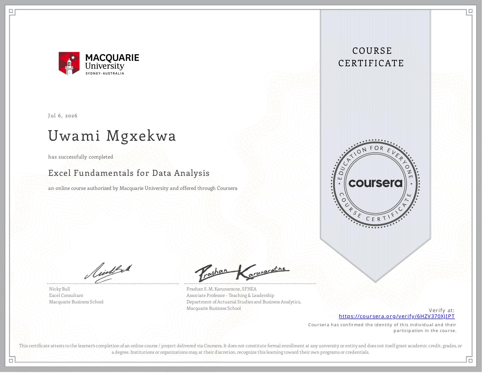 Excel Fundamentals for Data Analysis Certificate