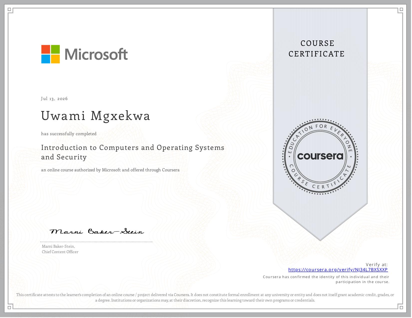 Introduction to Computers and Operating Systems Certificate