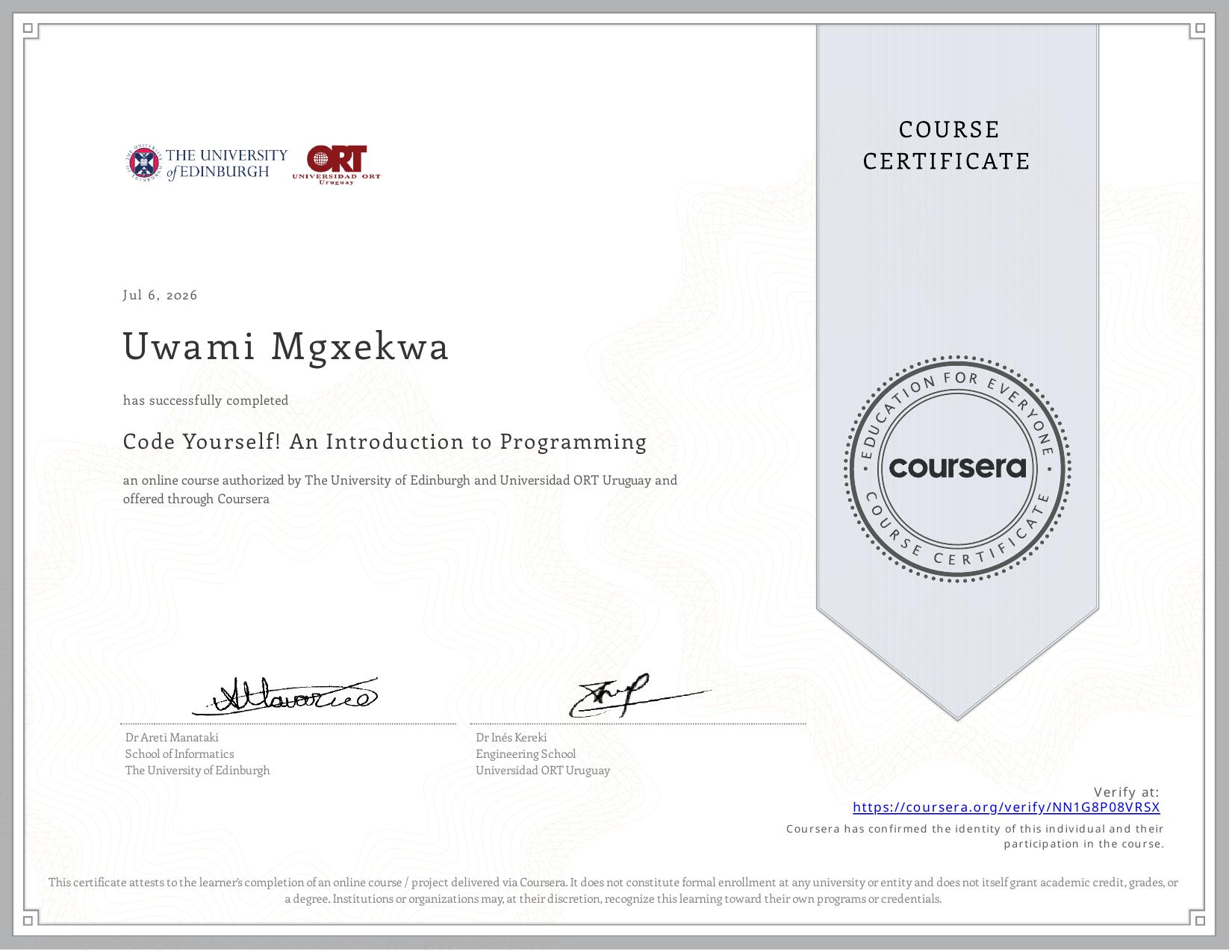 Introduction to Programming Certificate